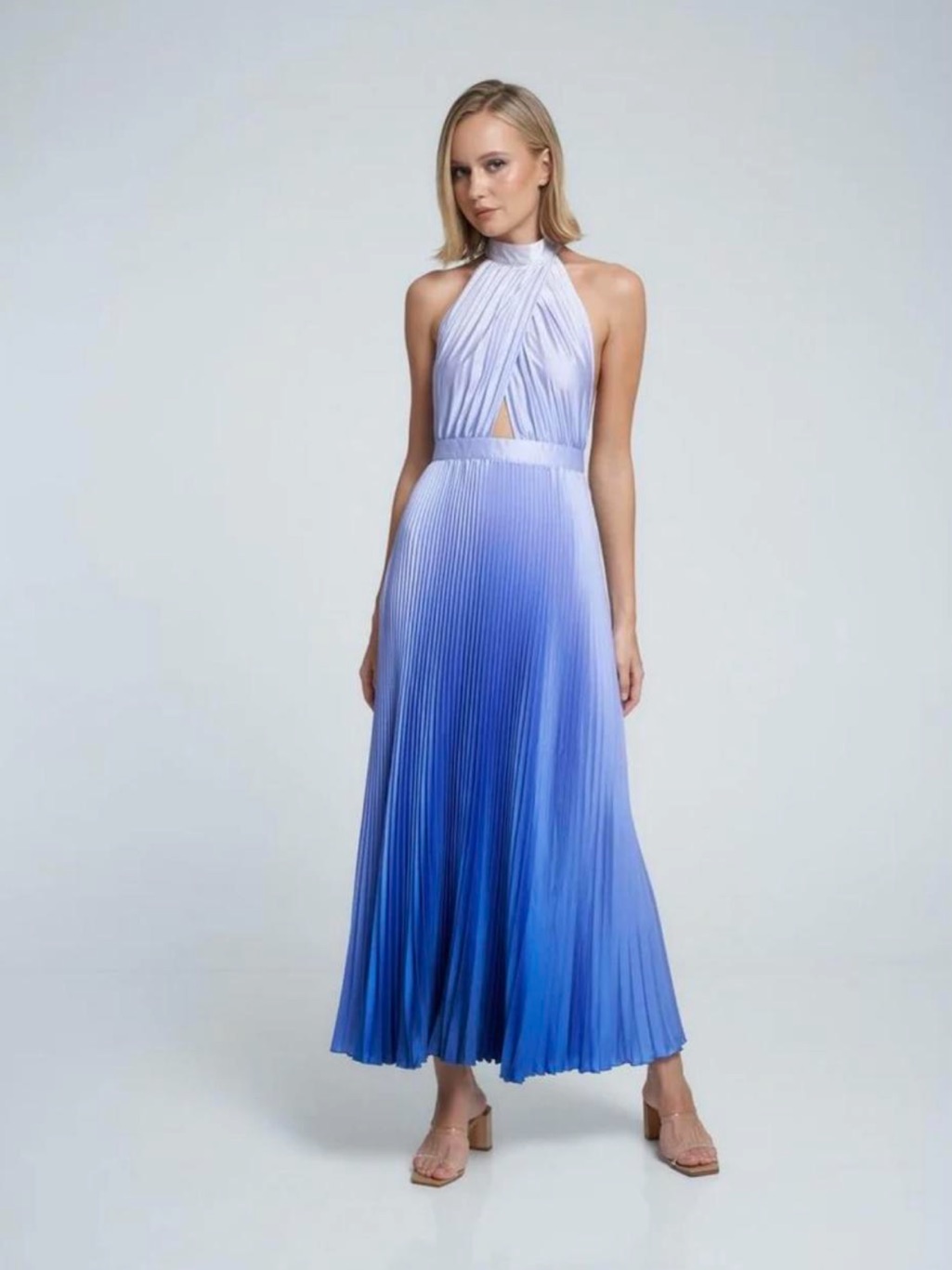 Li’dee Sleeveless Ombre Pleated Maxi Dress In Blue